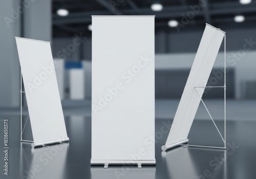 Three blank white rollup banners standing in a modern exhibition space for advertising display.