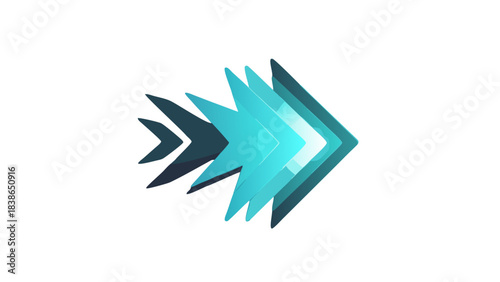 Abstract geometric shapes in shades of blue and cyan glowing with bright light on a black background representing forward motion and progress