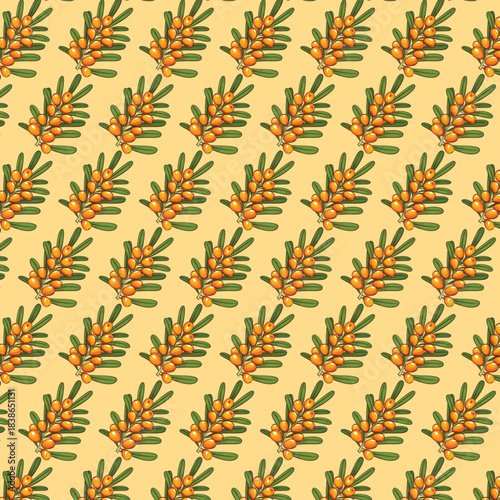 Vibrant Seamless Pattern with Sea Buckthorn Berries and Green Leaves Hand-drawn botanical illustration of orange fruits on branches, ideal for nature, healthy food, or autumn designs