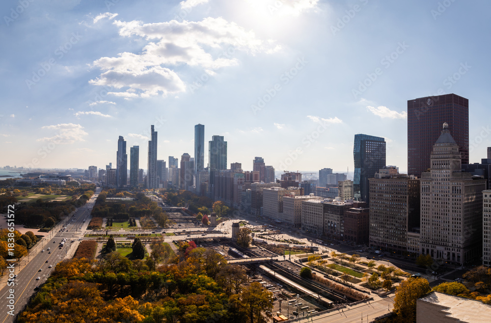 Obraz premium Aerial Drone Panorama of Chicago Skyline in Autumn”