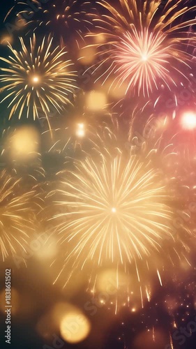 The explosion of gold and magenta fireworks against a dark night sky