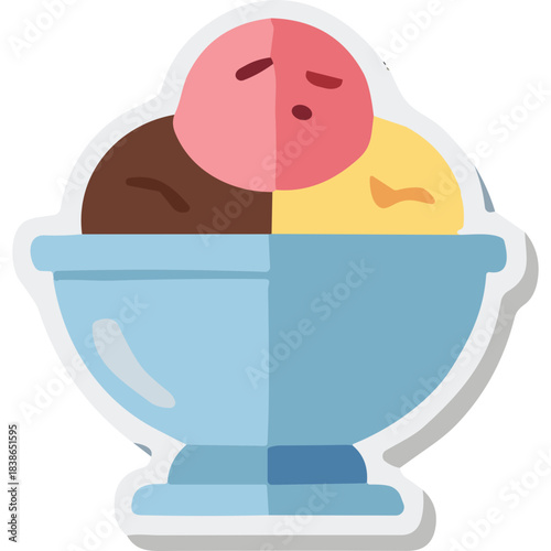 Light Blue Dessert Bowl Filled With Three Scoops Of Ice Cream Strawberry Chocolate And Vanilla Flavors With A Smooth Gradient Background And Sticker Effect