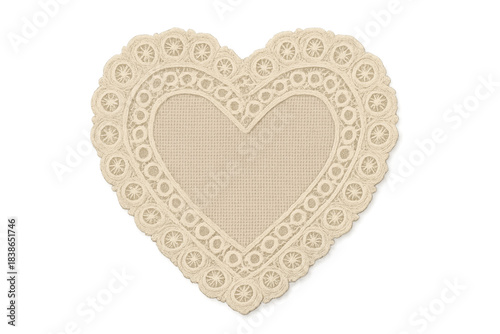 Vintage beige lace heart doily design with transparent background