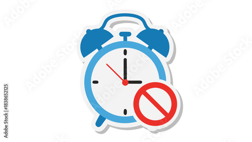 Blue Alarm Clock With Red No Symbol Indicating Time Restriction Or Event Cancellation On Black Background Minimalist Graphic Design