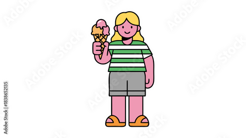 Blonde Haired Person Wearing Green Striped T Shirt and Grey Shorts Holding a Pink and Orange Ice Cream Cone with Yellow Flip Flops on a Black Background Flat Design Style