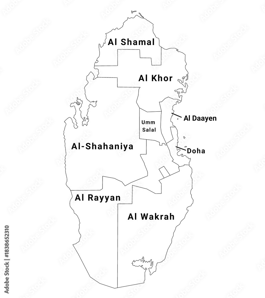 Obraz premium Qatar map, administrative map of Qatar country and his municipality name