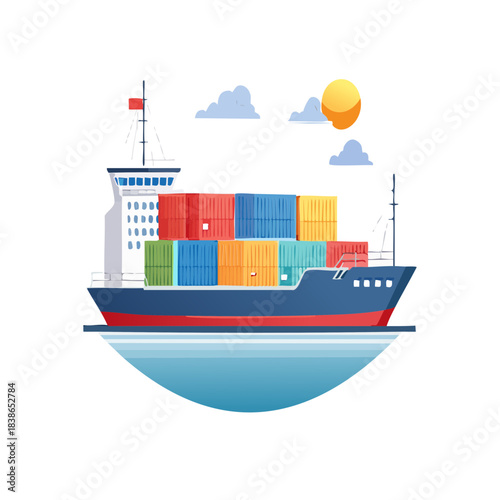 Large Cargo Ship Loaded with Colorful Shipping Containers Navigating Calm Waters Under a Sunny Sky