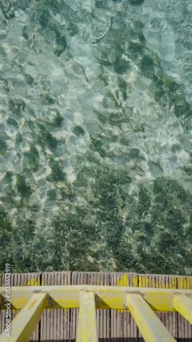 Turquoise blue water in a lake, top view. Serene tranquil nature landscape. Vertical video