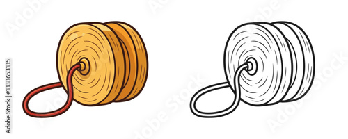 Cute cartoon style illustration of a classic wooden yo-yo toy with a red string shown in full color and as a black and white outline