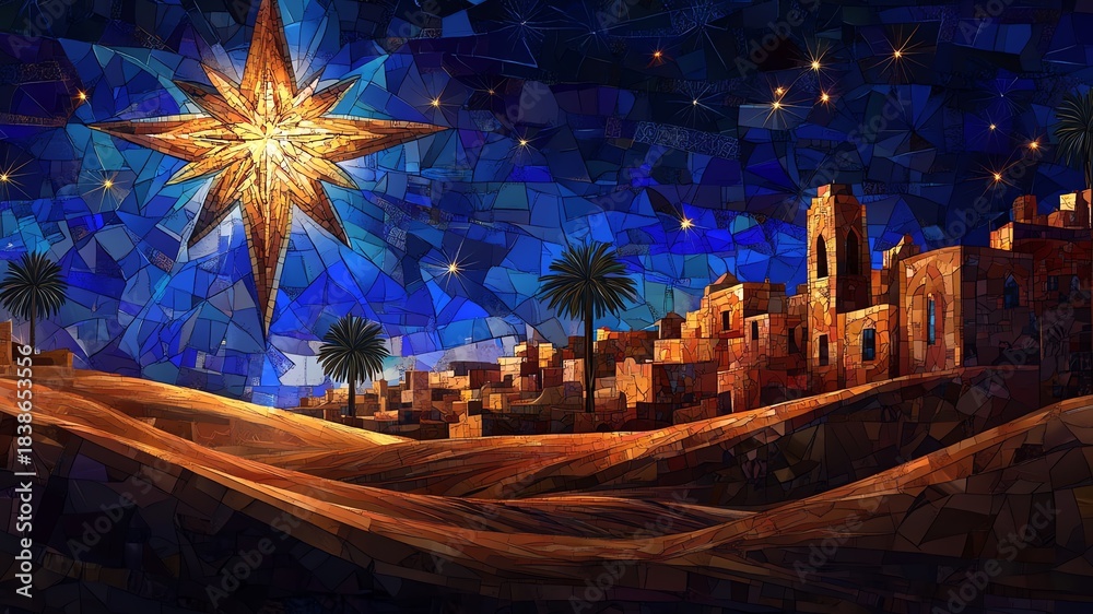 Obraz premium Stained glass artistic impression of the city of Bethlehem with the northern star in a blue night sky
