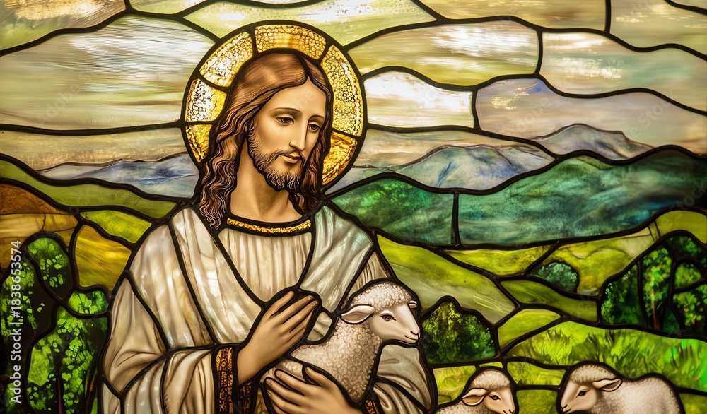 Obraz premium Stained glass window depicting a figure holding a lamb, surrounded by pastoral scenery. The figure has long hair and a halo, clad in a flowing robe. The background features rolling hills and trees cra