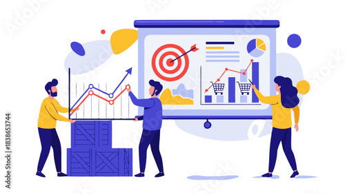Business Team Collaborates on Financial Growth Strategy with Data Visualization and Target Achievement on a Presentation Screen