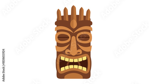 Brown Wooden Tiki Mask With Open Mouth And Jagged Teeth On A Black Background With Detailed Carvings And Spiked Headpiece Representing Polynesian Culture And Tropical Themes