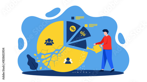 Business analytics concept of a man watering a pie chart symbolizing growth and data visualization with abstract background and blue yellow color palette