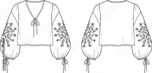 Women's technical fashion flat sketch template: V-neck peasant crop top with balloon sleeves, floral embroidery, drawstring cuff, front and back view, apparel vector.