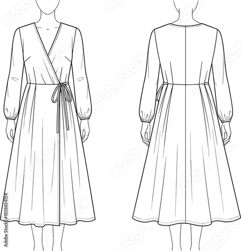 Women's, tie belt waist, gathered cuffs, front and back view,  technical fashion flat sketch template: V-neck long sleeve midi faux wrap dress, tie belt wai