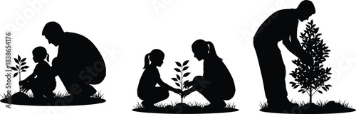 Family planting tree silhouettes; father, mother, and child planting a sapling, earth day, ecology, nature conservation vector.