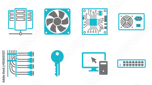 Set of Computer Hardware and Technology Icons for Digital Solutions and Data Centers