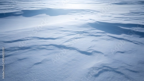 A snow covered field with shadows and sunlight creating a wintery and cold landscape view scene