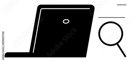 Simplistic laptop design with a large magnifying glass symbolizing research, analysis, or investigation. Ideal for data review, internet browsing, study, digital tools, technology, search concepts
