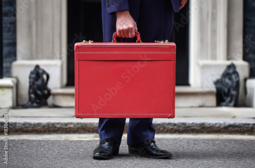 United kingdom chancellor carrying the official red budget briefcase. Generative ai
