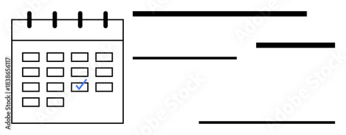 Time management, organization, planning, task scheduling, deadlines, productivity. A calendar marked with a checkmark next to lines. Time management and organization concepts