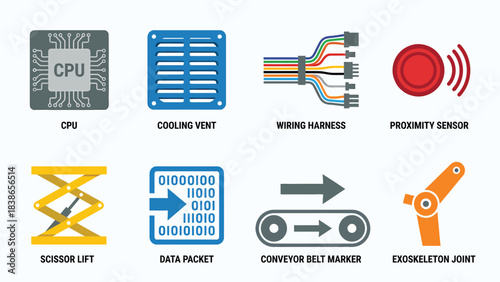 Technology Icons Electronic Components Automation Parts and Industrial Equipment Set