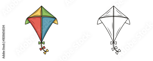 Cute cartoon style illustration of a classic diamond shaped kite with colorful patches, a ribbon bow, and tail elements shown in full color and as a black and white outline