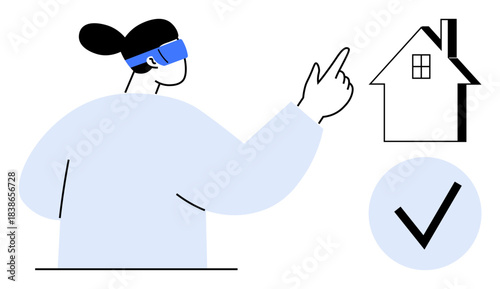 Virtual reality, real estate, property selection, future technology, homebuying, interaction. Woman wearing VR headset pointing at a house icon next to a checkmark. Virtual reality and real estate