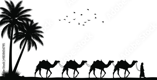 Desert caravan silhouette with camels led by a traveler under palm trees and flying birds in a peaceful natural scene, vector illustration design