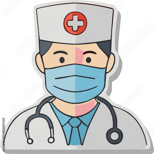 Male Doctor Wearing A Face Mask And Stethoscope Medical Professional In A White Coat With A Red Cross Emblem On His Hat And A Calm Expression Ideal For Healthcare And Medical Concepts