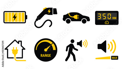 Electric Vehicle Charging and Performance Icons Transportation Technology Concepts