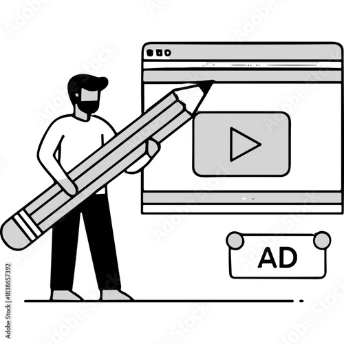 Man Holding Giant Pencil Creating Digital Content for Online Advertisement Video Player Interface with AD Banner Symbol Representing Content Creation and Marketing Strategy