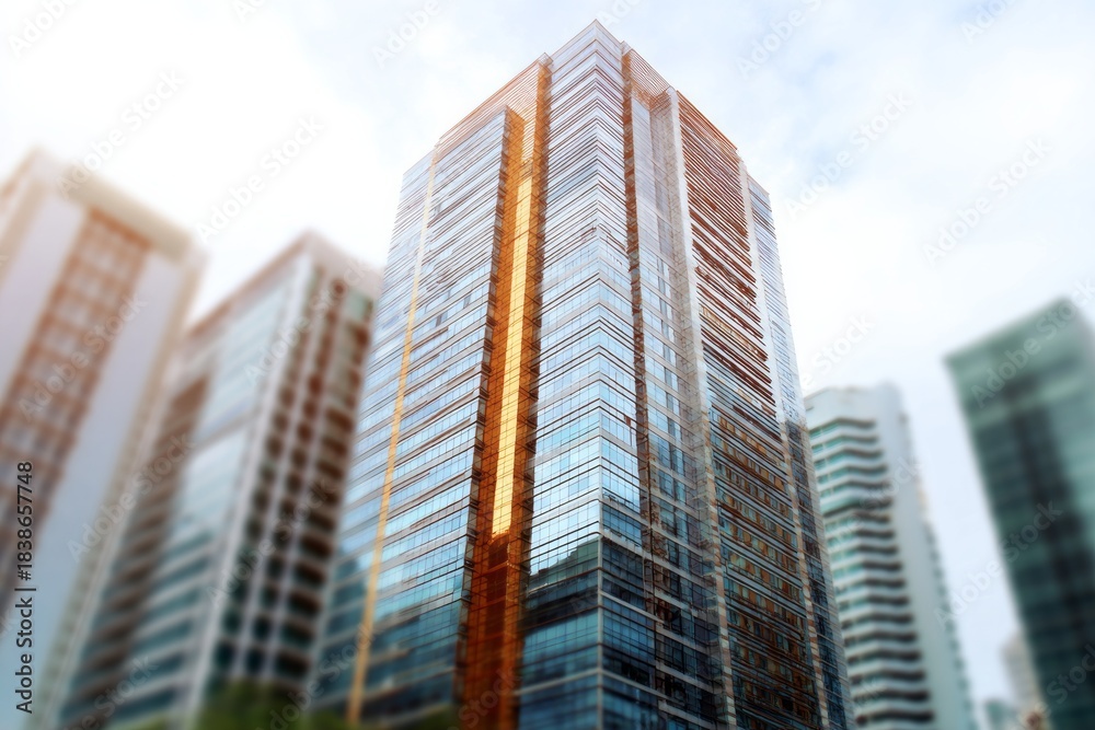Fototapeta premium Modern glass skyscrapers reach for a bright, cloudy sky.