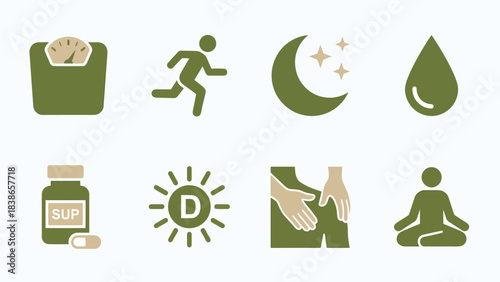 Healthy Lifestyle Icons Wellness Fitness Sleep Hydration Supplements Vitamin D Massage Meditation
