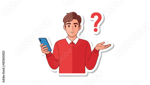Confused Man Holding Smartphone Questioning Expression with Red Sweater and Dark Hair Against Black Background
