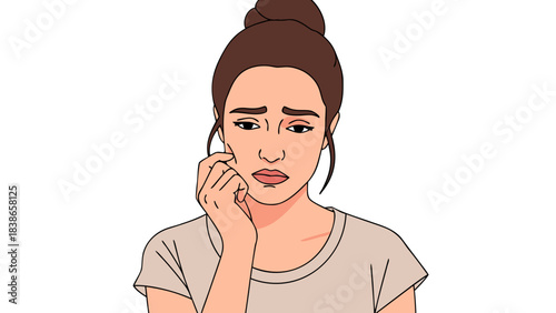 Concerned Young Woman With Brown Hair In A Bun Wearing A Light Gray TShirt Expressing Worry And Stress With Her Hand On Her Cheek Against A Black Background Simple Flat Illustration Style