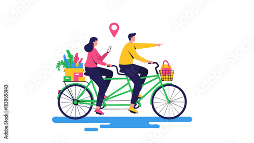 Couple Riding Tandem Bicycle Together With Groceries in Back Basket Exploring Scenic Route With Forward Direction Pointer Location Pin Symbol on Black Background Vibrant Colors