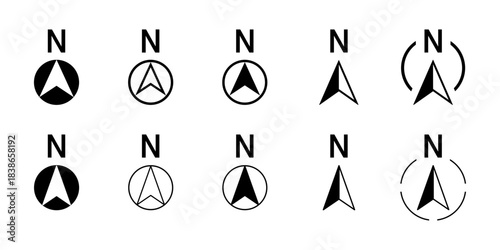 Basic Black and White North Arrow Sign Symbol Icon Set for Map Orientation. Vector Image.