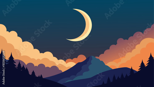 Animated Crescent Moon with Moving Clouds Night Sky Background