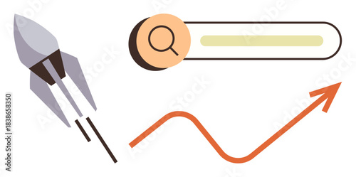 Rocket launching upward, a search bar with magnifying glass, and an upward zigzag arrow. Ideal for growth, innovation, technology, startup, progress, success business analysis simple flat metaphor
