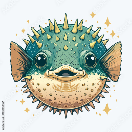 Cute illustration of a puffer fish with sharp spines and large eyes, featuring a teal and cream color palette with gold star accents isolated on a white background.