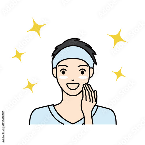 Happy man touching his cheek with clear and healthy skin after treatment