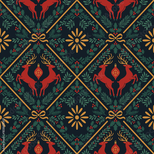 Świąteczny wzór z reniferami, botanicznymi elementami, jemiołą, ostrokrzewem i ornamentami - elegancka bezszwowa tekstura w stylu folkowym.