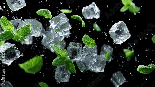 Refreshing mint leaves and crystal clear ice cubes cascade dynamically in a dark, cool, and invigorating splash of pure refreshment