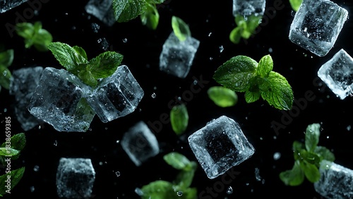 Refreshing mint leaves and ice cubes splash dynamically in cool water droplets, creating a vibrant, invigorating sensory experience perfect for beverage ads.