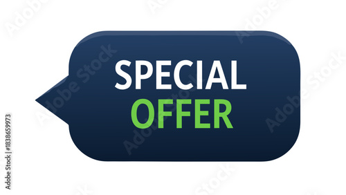 Dark Blue Speech Bubble With White Text Special And Green Text Offer Isolated On Black Background Graphic Design Element