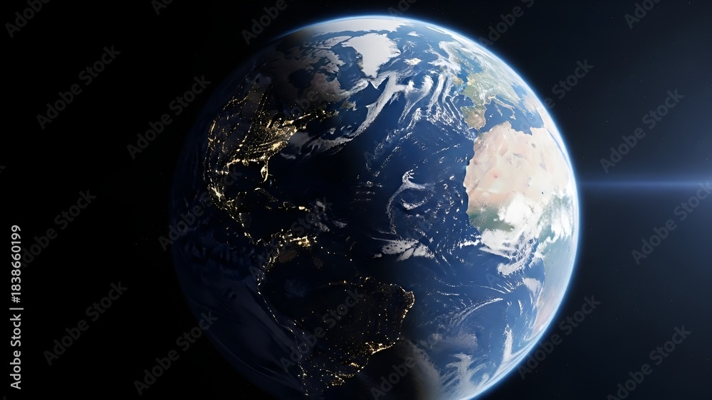 Fototapeta premium Earth view from space showcasing continents, oceans, city lights and atmosphere