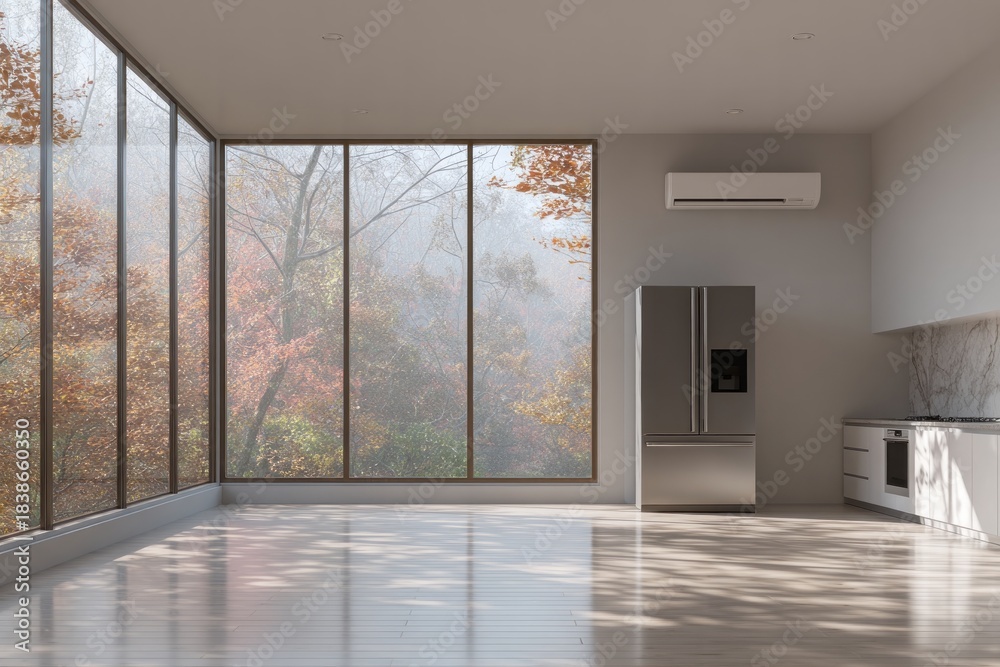 Obraz premium Modern kitchen with large windows overlooking autumnal forest scene.