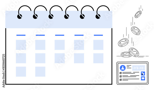 Financial planning, productivity, scheduling, digital management, organization, personal finance. A calendar, coins and a user profile are . Financial planning and productivity are highlighted